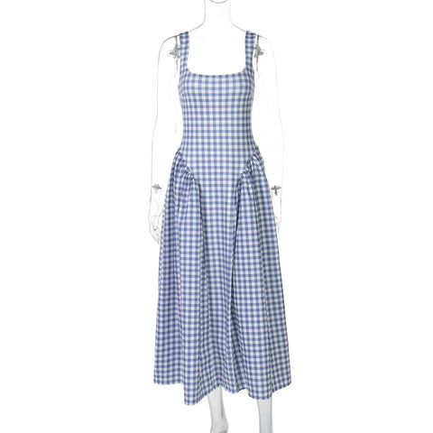 French Fresh Plaid Print Waist - cinched Princess Backless Spaghetti Strap Dress - Coscosmos