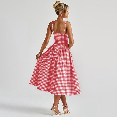 French Fresh Plaid Print Waist - cinched Princess Backless Spaghetti Strap Dress - Coscosmos