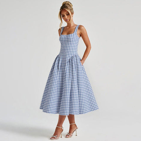 French Fresh Plaid Print Waist - cinched Princess Backless Spaghetti Strap Dress - Coscosmos