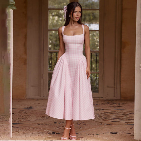 French Fresh Plaid Print Waist - cinched Princess Backless Spaghetti Strap Dress - Coscosmos