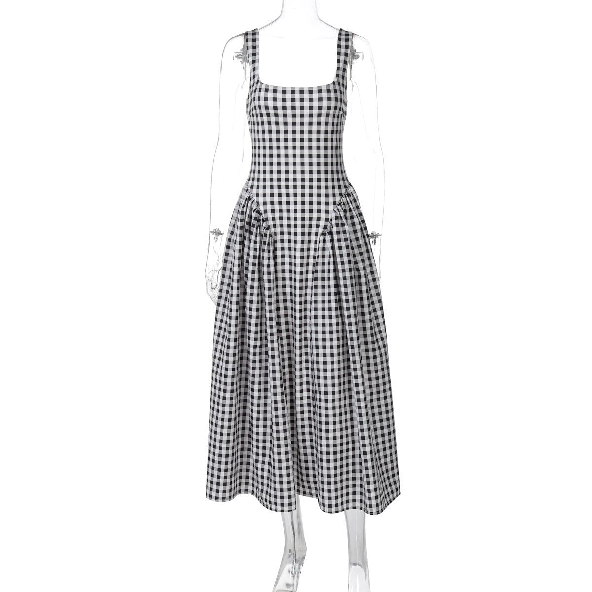 French Fresh Plaid Print Waist - cinched Princess Backless Spaghetti Strap Dress - Coscosmos