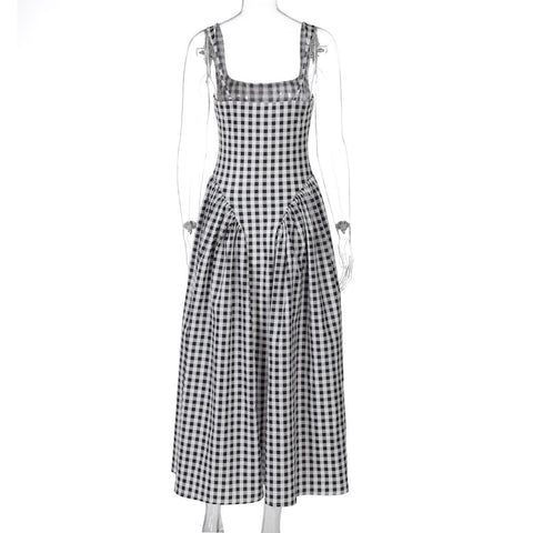 French Fresh Plaid Print Waist - cinched Princess Backless Spaghetti Strap Dress - Coscosmos