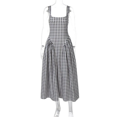 French Fresh Plaid Print Waist - cinched Princess Backless Spaghetti Strap Dress - Coscosmos