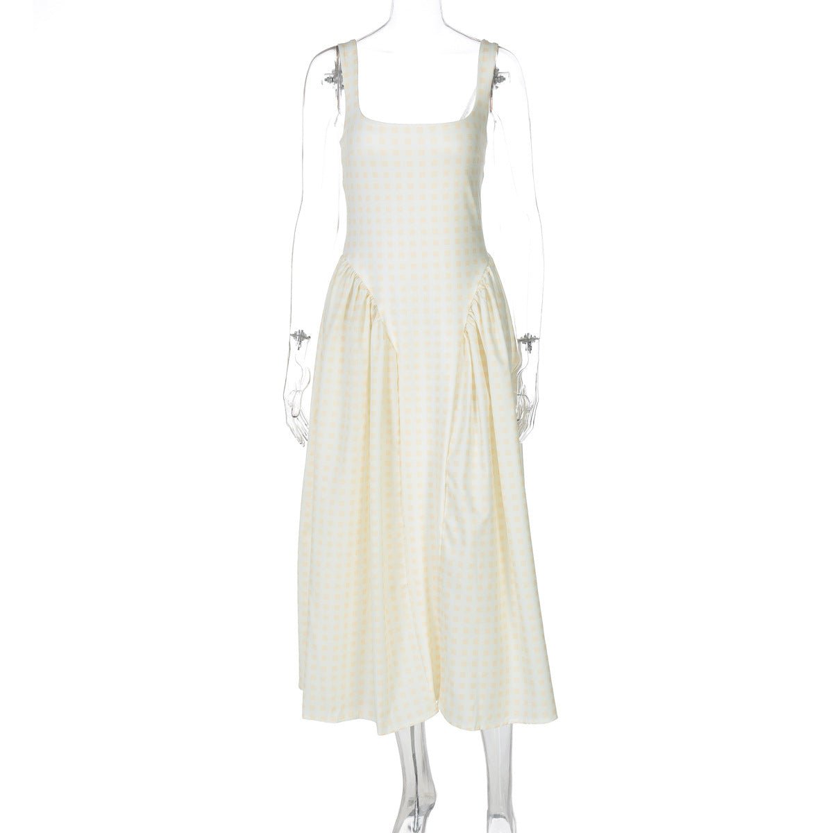 French Fresh Plaid Print Waist - cinched Princess Backless Spaghetti Strap Dress - Coscosmos