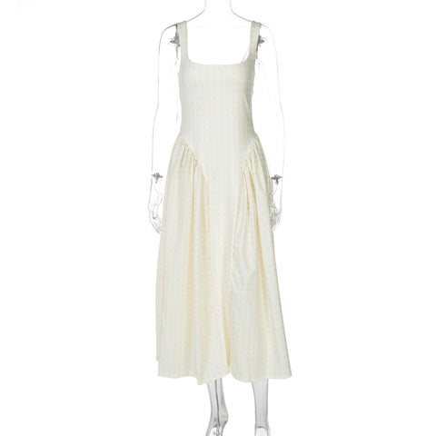 French Fresh Plaid Print Waist - cinched Princess Backless Spaghetti Strap Dress - Coscosmos