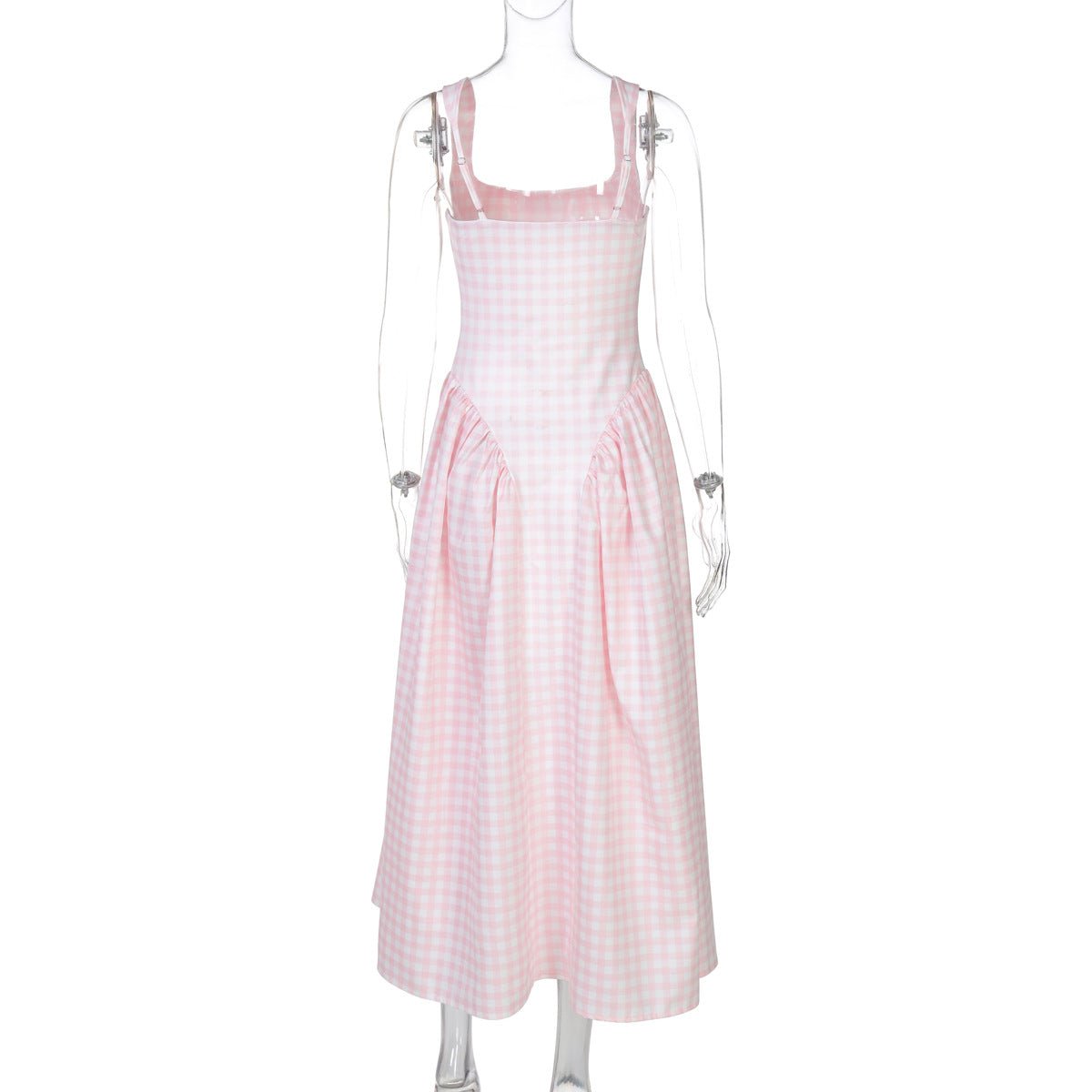 French Fresh Plaid Print Waist - cinched Princess Backless Spaghetti Strap Dress - Coscosmos