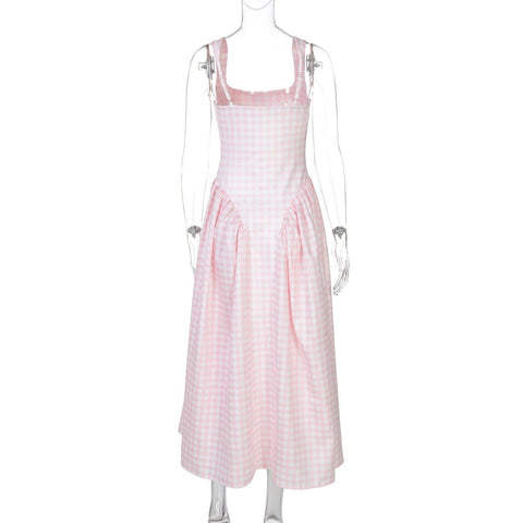 French Fresh Plaid Print Waist - cinched Princess Backless Spaghetti Strap Dress - Coscosmos