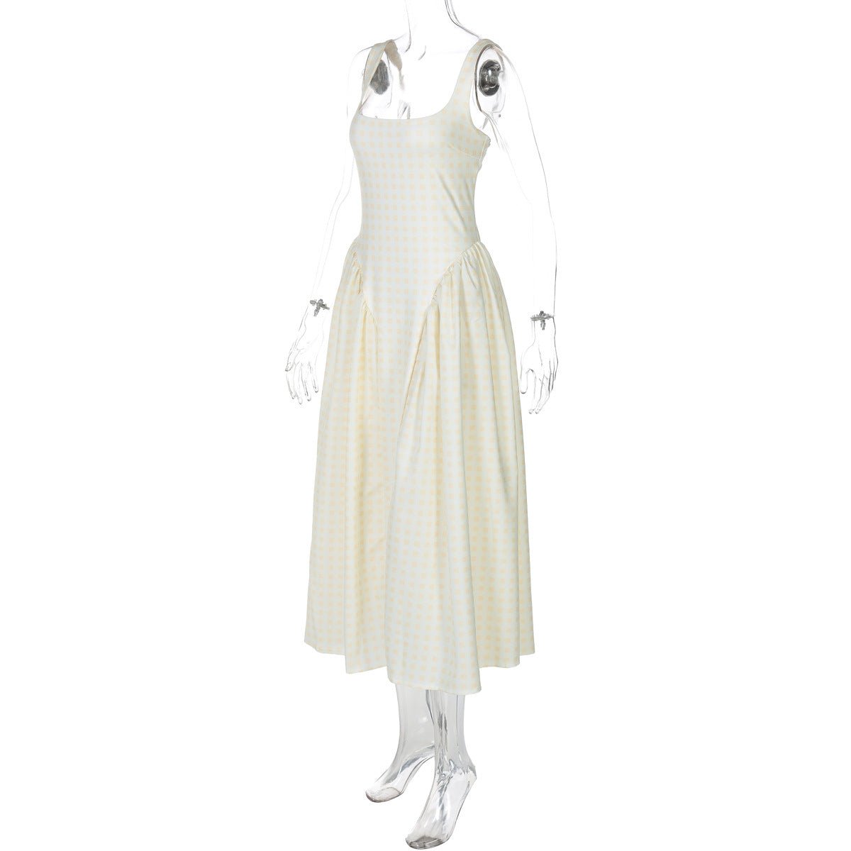 French Fresh Plaid Print Waist - cinched Princess Backless Spaghetti Strap Dress - Coscosmos