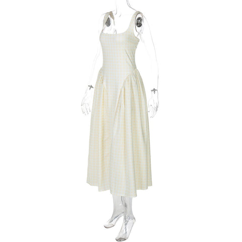 French Fresh Plaid Print Waist - cinched Princess Backless Spaghetti Strap Dress - Coscosmos