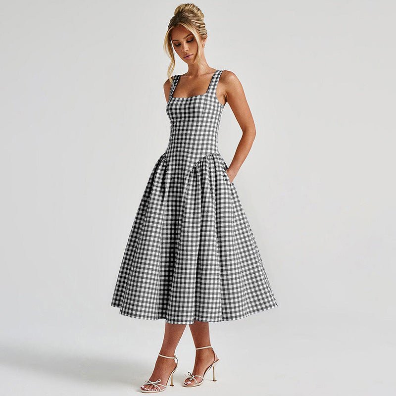 French Fresh Plaid Print Waist - cinched Princess Backless Spaghetti Strap Dress - Coscosmos