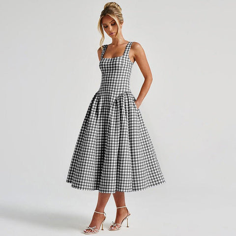 French Fresh Plaid Print Waist - cinched Princess Backless Spaghetti Strap Dress - Coscosmos