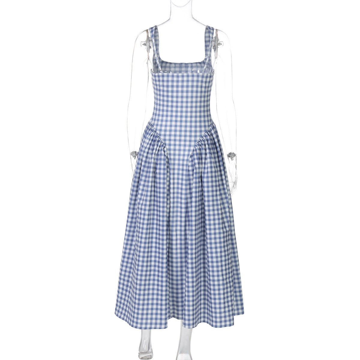 French Fresh Plaid Print Waist - cinched Princess Backless Spaghetti Strap Dress - Coscosmos