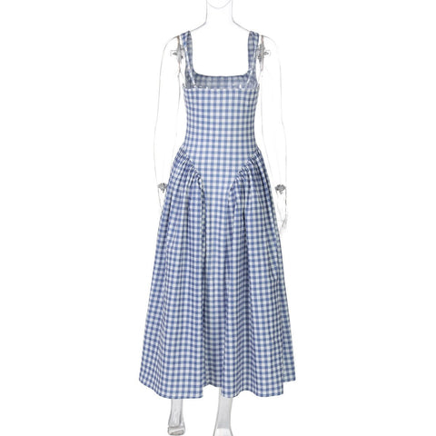 French Fresh Plaid Print Waist - cinched Princess Backless Spaghetti Strap Dress - Coscosmos