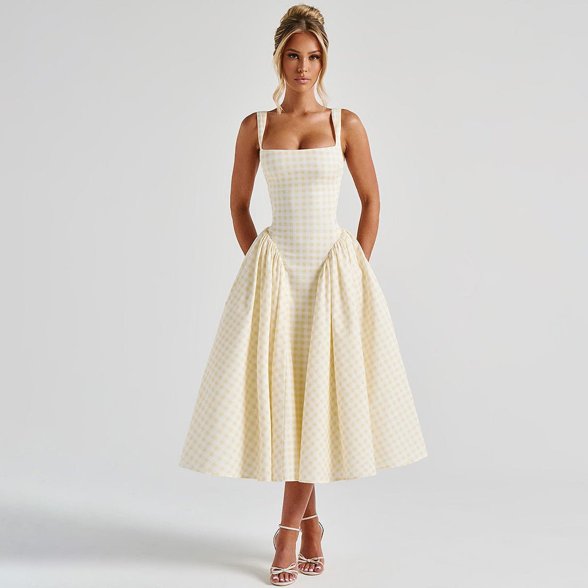 French Fresh Plaid Print Waist - cinched Princess Backless Spaghetti Strap Dress - Coscosmos