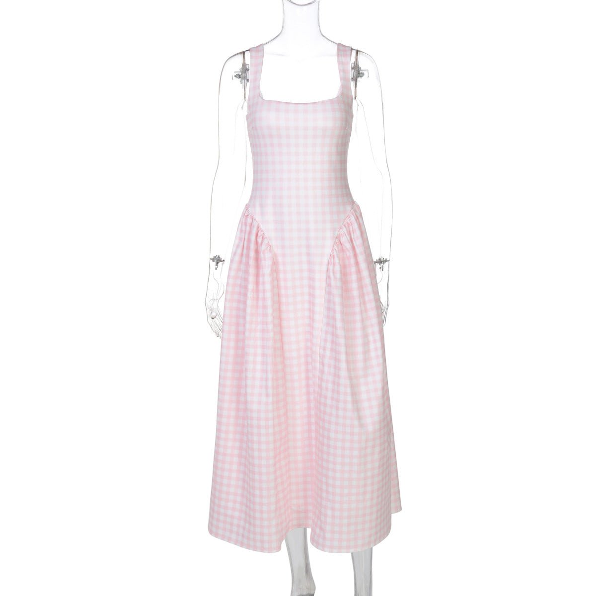 French Fresh Plaid Print Waist - cinched Princess Backless Spaghetti Strap Dress - Coscosmos