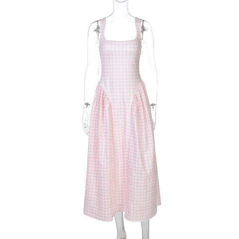 French Fresh Plaid Print Waist - cinched Princess Backless Spaghetti Strap Dress - Coscosmos