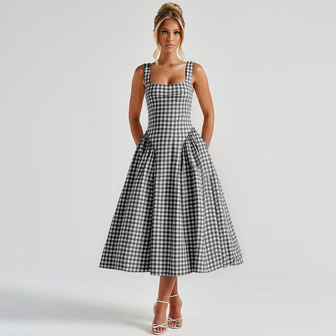 French Fresh Plaid Print Waist - cinched Princess Backless Spaghetti Strap Dress - Coscosmos