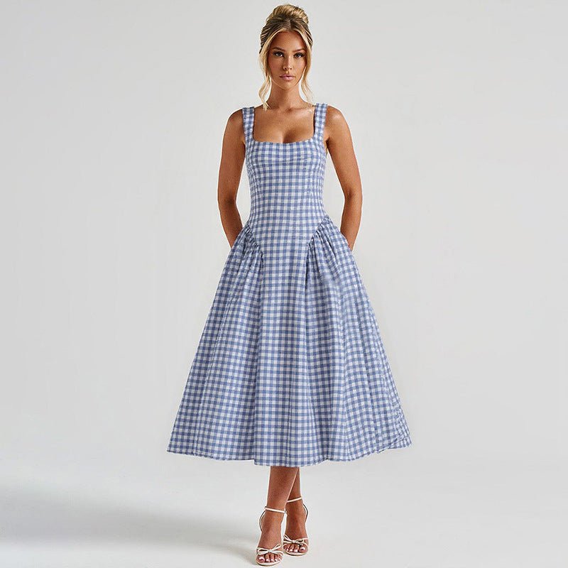 French Fresh Plaid Print Waist - cinched Princess Backless Spaghetti Strap Dress - Coscosmos