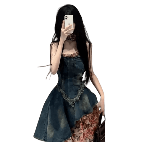 French Stunning Sweet and Spicy Girl Strapless Denim Dress for Women Summer High - End Sense Waist - Cinching Slim Puff Skirt Petite - Coscosmos