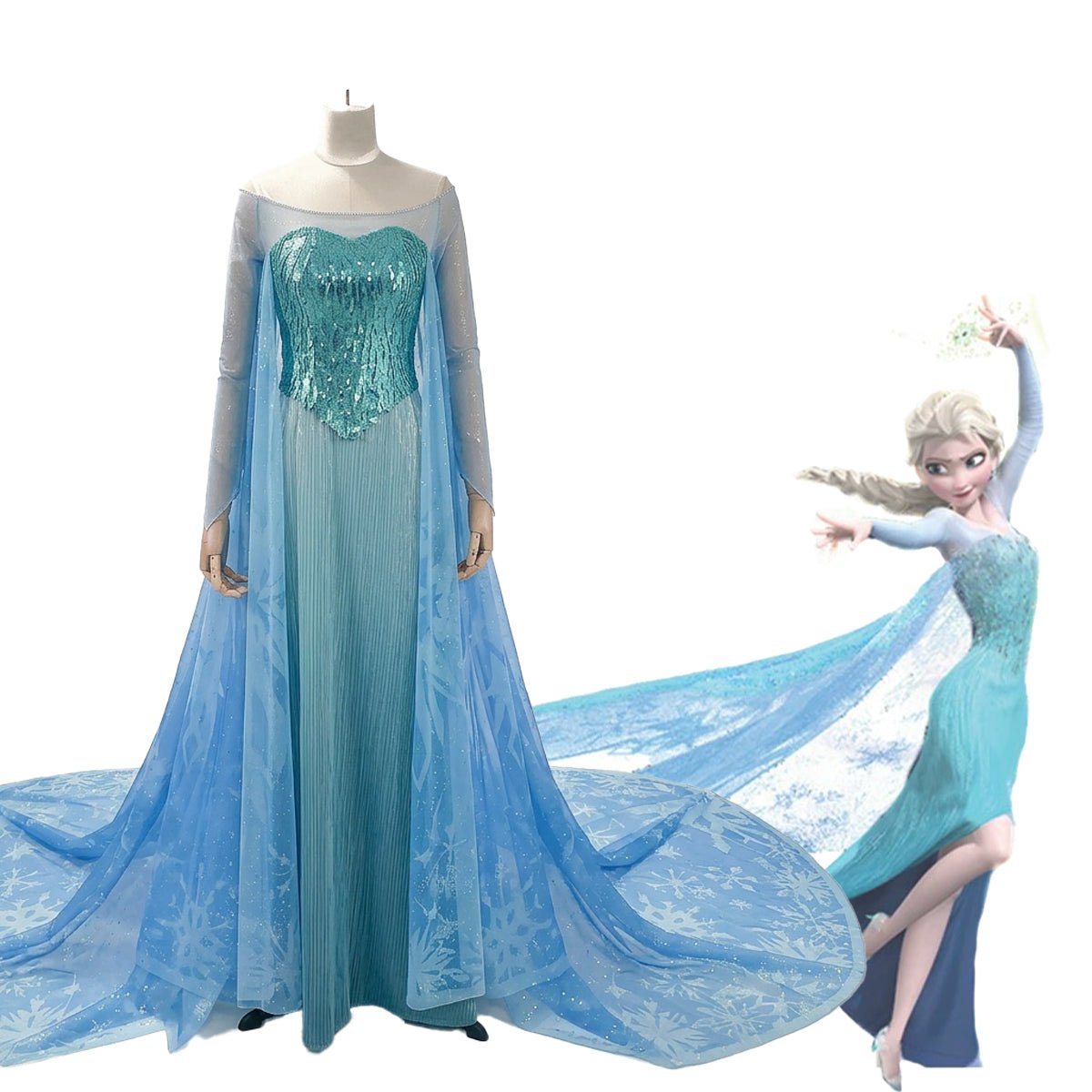 Frozen Elsa Cosplay Costume, Princess Dress with Cape Full Set - Coscosmos