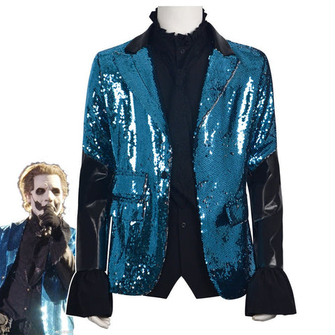 Ghost Band Cosplay Costume, Shiny Sequin Suit, Rock Singer Stage Outfit, Halloween Party Dark Ghost Themed Formal Blazer for Performance - Coscosmos