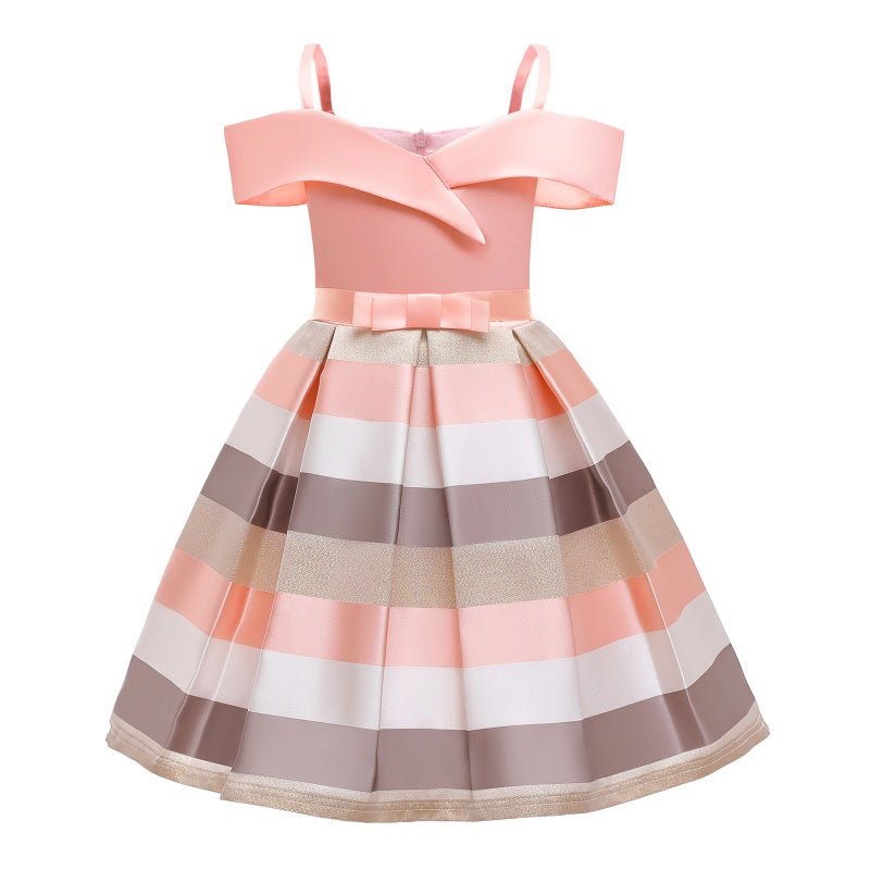 Girls Summer Sleeveless Off Shoulder Stripe Dress Princess Birthday Party Costume - Pink Stripe - Coscosmos