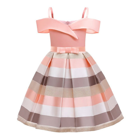 Girls Summer Sleeveless Off Shoulder Stripe Dress Princess Birthday Party Costume - Pink Stripe - Coscosmos