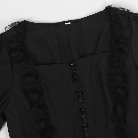 Gothic Retro Square - Neck Flared Sleeve Lace Maxi Dress - Coscosmos