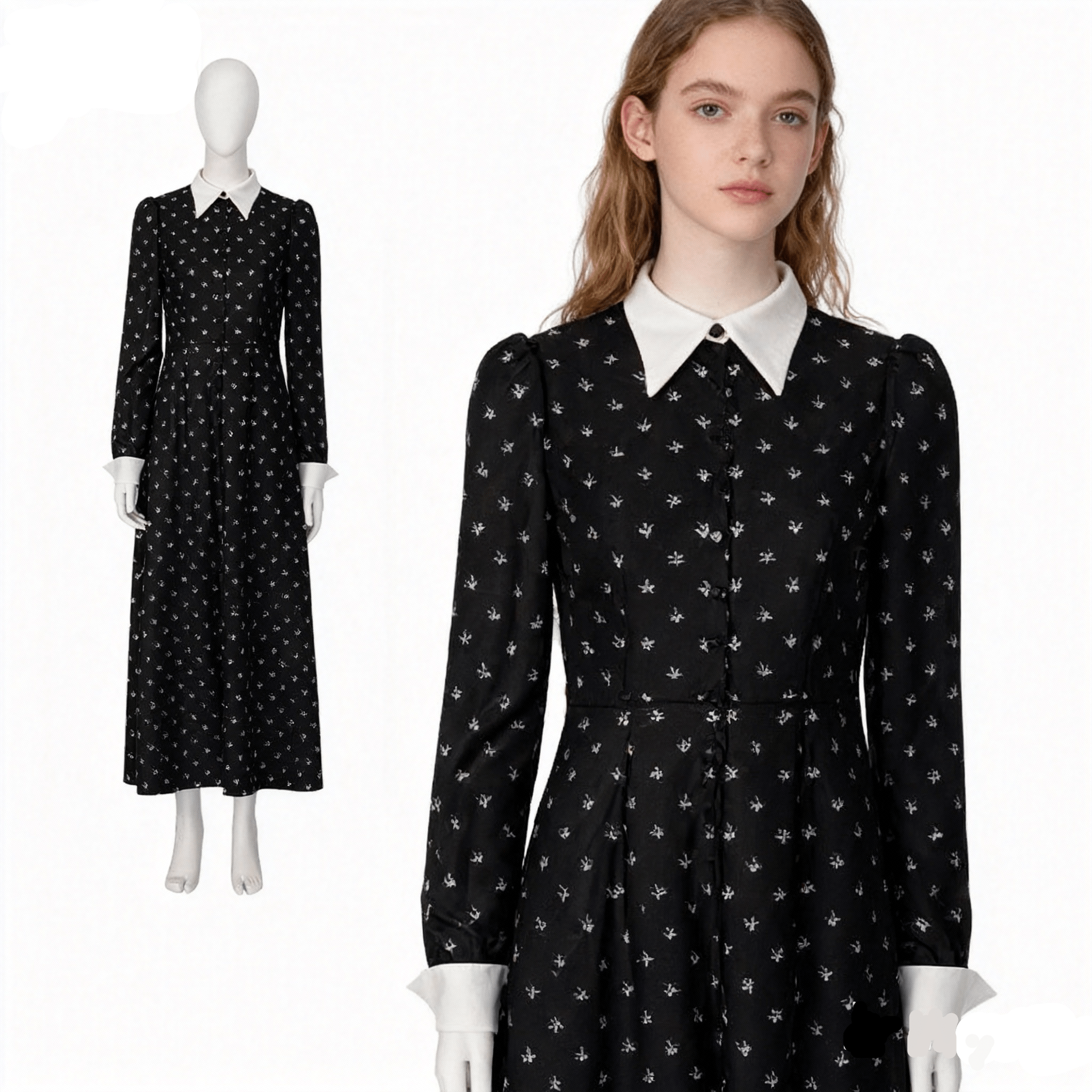 Halloween Cosplay Wednesday Addams Costume - Black Long Sleeve Dress with Printed Details - Coscosmos