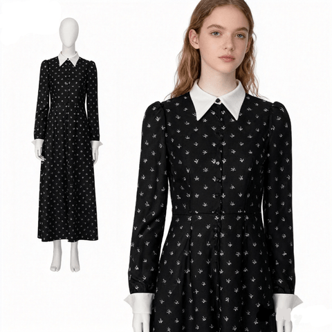 Halloween Cosplay Wednesday Addams Costume - Black Long Sleeve Dress with Printed Details - Coscosmos