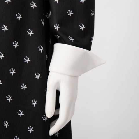 Halloween Cosplay Wednesday Addams Costume - Black Long Sleeve Dress with Printed Details - Coscosmos