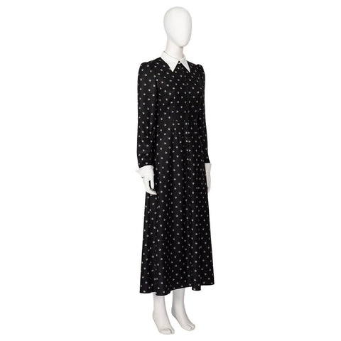 Halloween Cosplay Wednesday Addams Costume - Black Long Sleeve Dress with Printed Details - Coscosmos