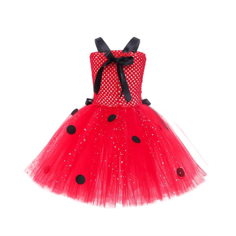Halloween Ladybug Red Mesh Princess Dress Kids Costume Cartoon Cosplay Outfit - Coscosmos