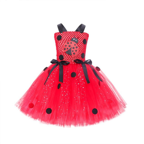Halloween Ladybug Red Mesh Princess Dress Kids Costume Cartoon Cosplay Outfit - Coscosmos
