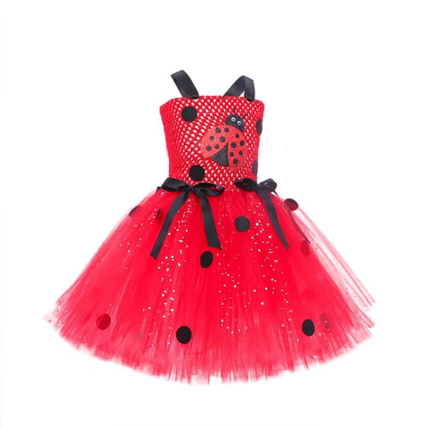 Halloween Ladybug Red Mesh Princess Dress Kids Costume Cartoon Cosplay Outfit - Coscosmos