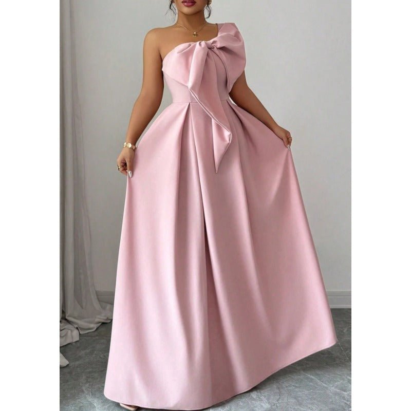 High - Quality One Shoulder Bow Satin Maxi Evening Gown, High Waist Slimming Flared Formal Dress - Coscosmos