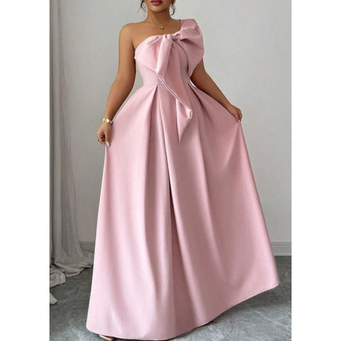 High - Quality One Shoulder Bow Satin Maxi Evening Gown, High Waist Slimming Flared Formal Dress - Coscosmos