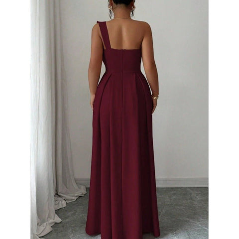 High - Quality One Shoulder Bow Satin Maxi Evening Gown, High Waist Slimming Flared Formal Dress - Coscosmos