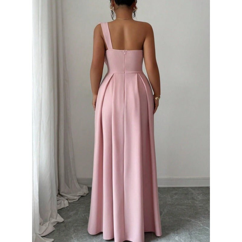 High - Quality One Shoulder Bow Satin Maxi Evening Gown, High Waist Slimming Flared Formal Dress - Coscosmos