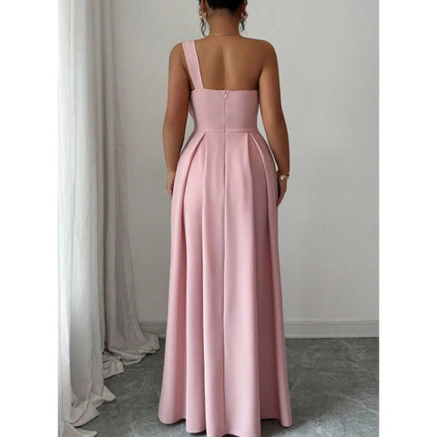 High - Quality One Shoulder Bow Satin Maxi Evening Gown, High Waist Slimming Flared Formal Dress - Coscosmos