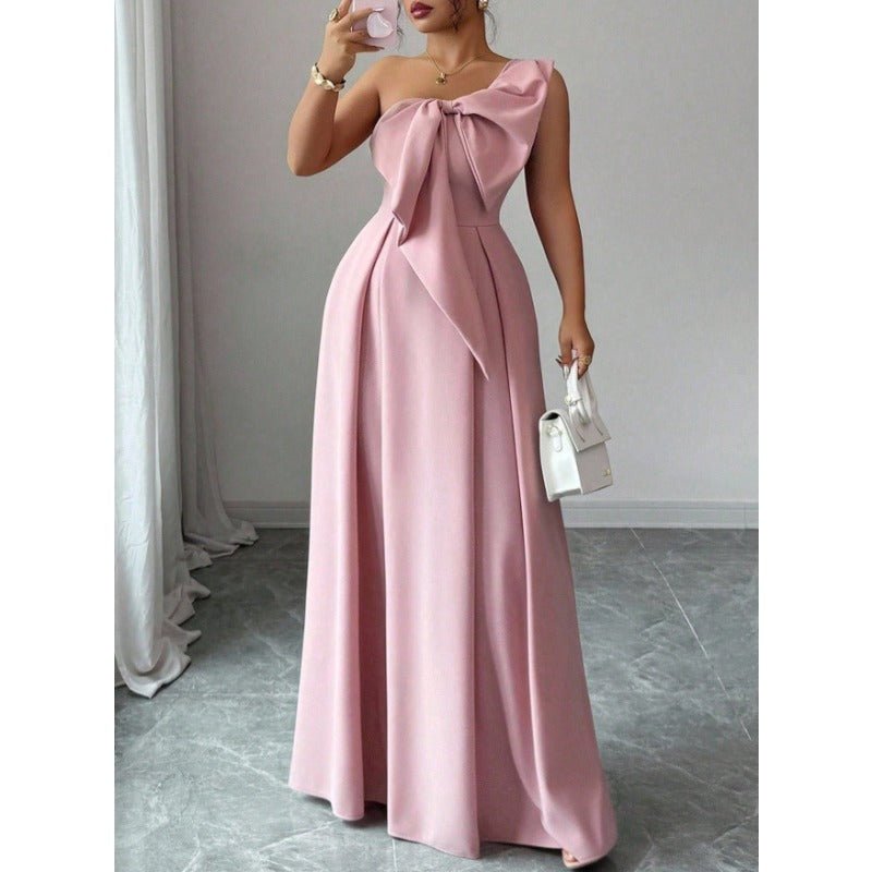 High - Quality One Shoulder Bow Satin Maxi Evening Gown, High Waist Slimming Flared Formal Dress - Coscosmos