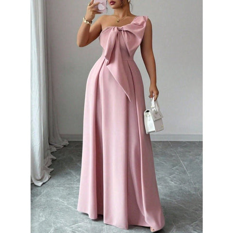 High - Quality One Shoulder Bow Satin Maxi Evening Gown, High Waist Slimming Flared Formal Dress - Coscosmos