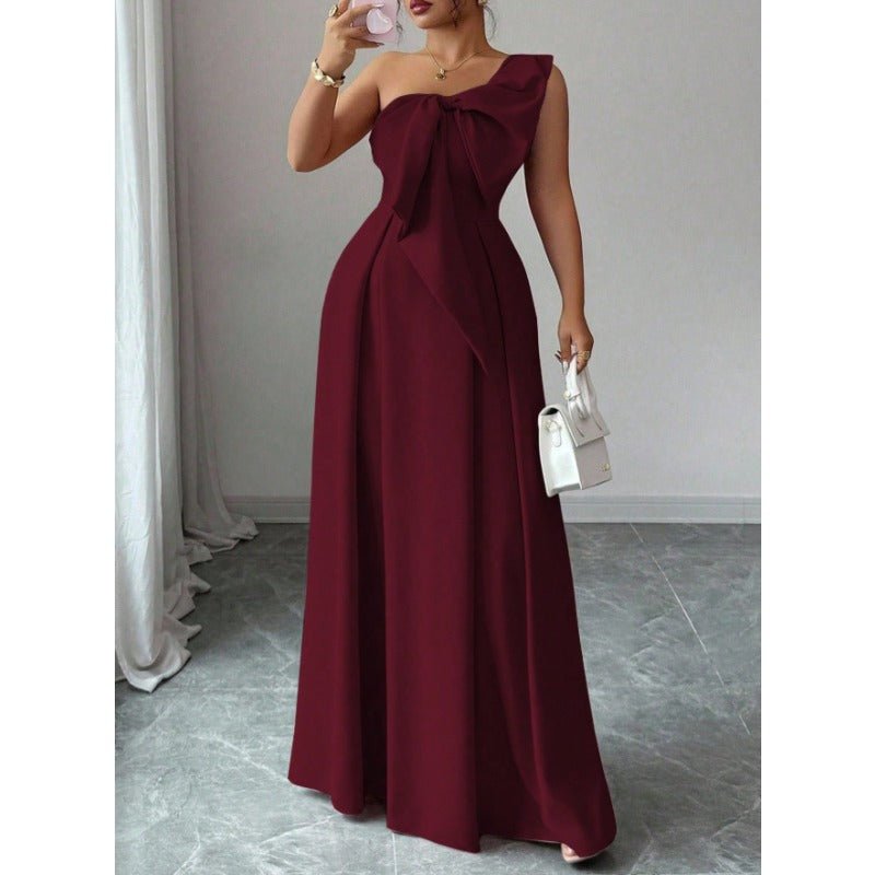High - Quality One Shoulder Bow Satin Maxi Evening Gown, High Waist Slimming Flared Formal Dress - Coscosmos