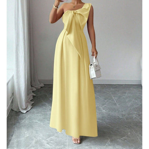High - Quality One Shoulder Bow Satin Maxi Evening Gown, High Waist Slimming Flared Formal Dress - Coscosmos