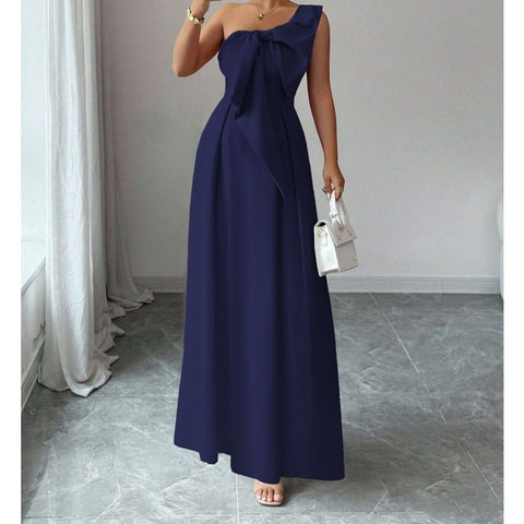 High - Quality One Shoulder Bow Satin Maxi Evening Gown, High Waist Slimming Flared Formal Dress - Coscosmos