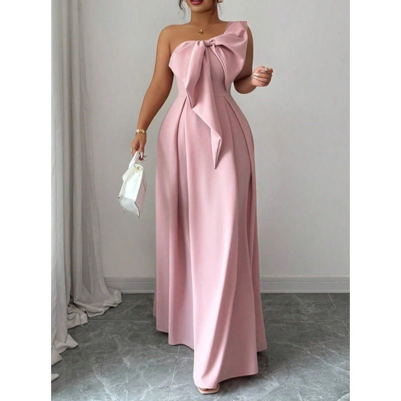 High - Quality One Shoulder Bow Satin Maxi Evening Gown, High Waist Slimming Flared Formal Dress - Coscosmos