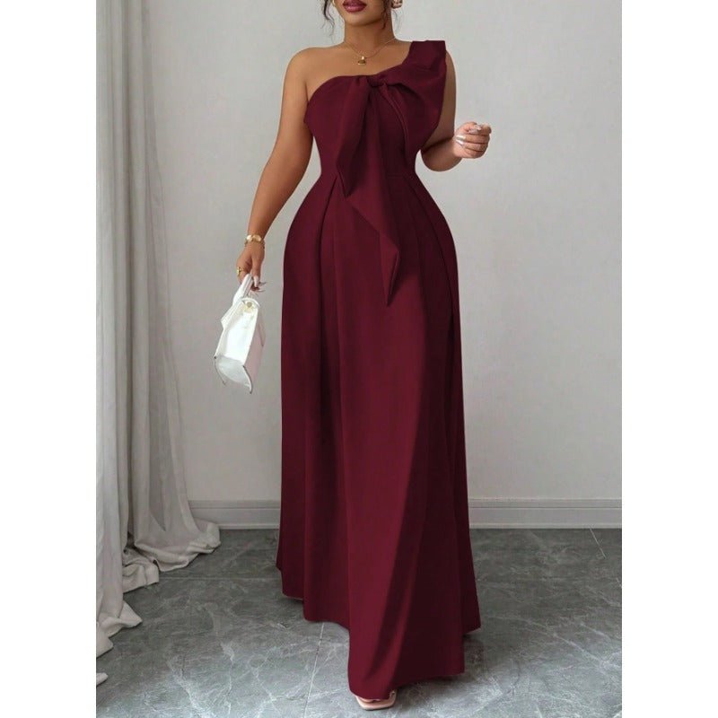 High - Quality One Shoulder Bow Satin Maxi Evening Gown, High Waist Slimming Flared Formal Dress - Coscosmos