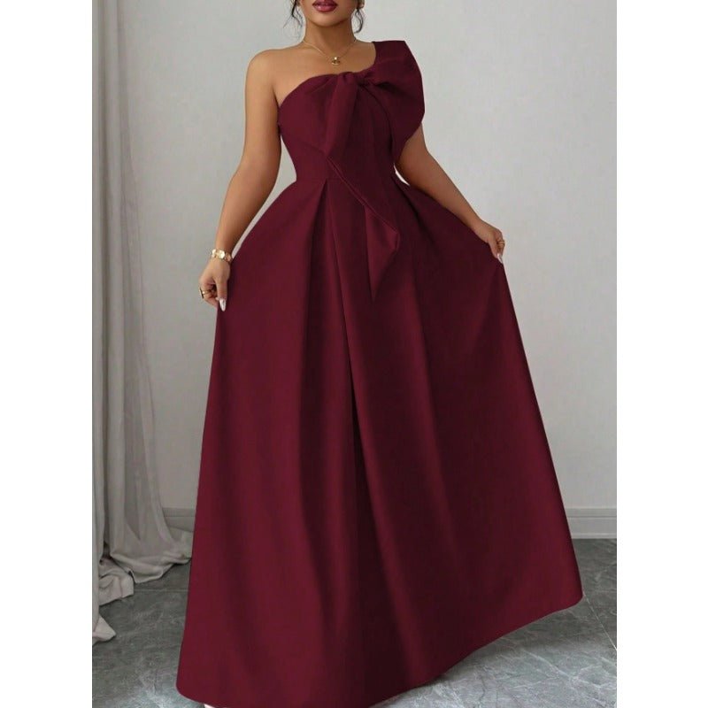 High - Quality One Shoulder Bow Satin Maxi Evening Gown, High Waist Slimming Flared Formal Dress - Coscosmos