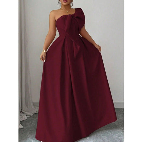 High - Quality One Shoulder Bow Satin Maxi Evening Gown, High Waist Slimming Flared Formal Dress - Coscosmos