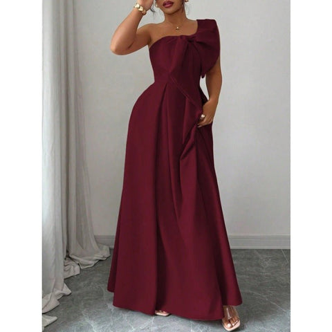 High - Quality One Shoulder Bow Satin Maxi Evening Gown, High Waist Slimming Flared Formal Dress - Coscosmos